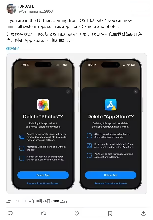 龙文苹果手机维修分享iOS 18.2 支持删除 App Store 应用商店 