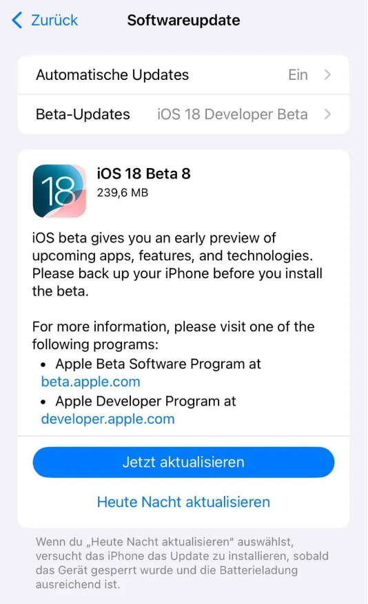 龙文苹果手机维修分享苹果 iOS / iPadOS 18 开发者预览版 Beta 8 发布 